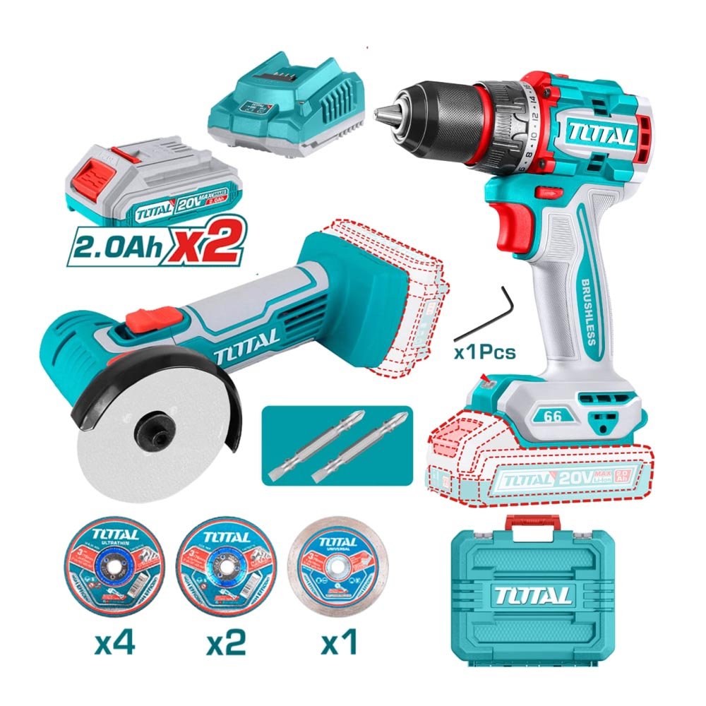 Combo Taladro 66nm + amoladora 1000W + 2 baterias 4ah TOTAL - TCKLI20273 Combo Taladro 66nm + amoladora 1000W + 2 baterías 4ah TOTAL - TCKLI20273 - Imagen 1